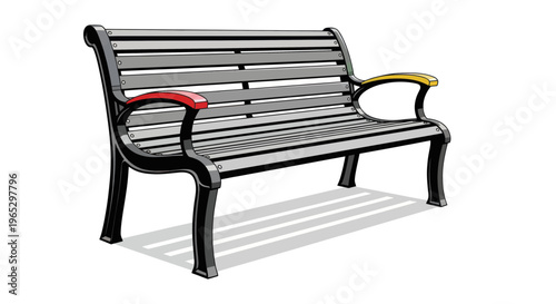 Park Bench Isolated White Background - Metal Outdoor Seating with Colorful Armrests