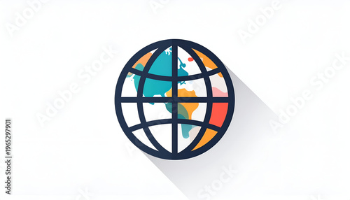 Stylized globe icon with continents and gridded meridians in modern flat design style