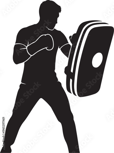 Martial arts, combat sports, boxing, kickboxing vector silhouette, fitness icon, training equipment
