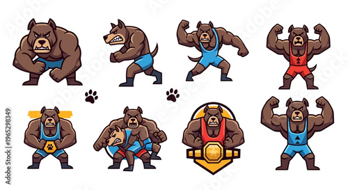 Set of cartoon muscular dogs in wrestling attire.