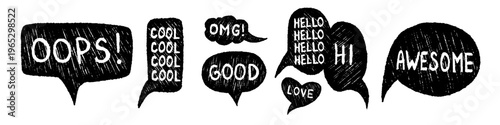 Vector banner with row of hand drawn scribble speech bubbles in white on black background. Grunge comic chat balloon strip for social media, web banner, sticker, poster, journaling design.