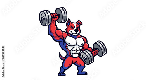 Muscular dog character lifting weights with determination.