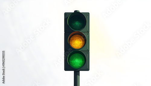 Traffic light showing both green and yellow lights illuminated against a white background