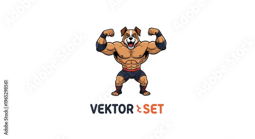 Strong Muscular Dog Bodybuilder Flexing Biceps Cartoon.