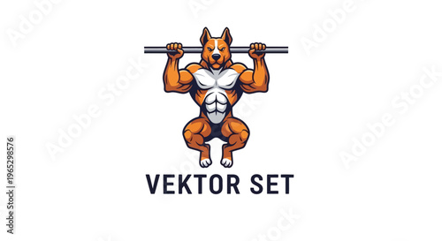 Muscular dog character lifting weights in gym setting.