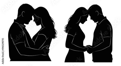 Silhouettes of Loving Couples Embracing.