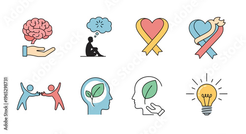 Set of Icons Representing Mental Health and Well-being Concepts.