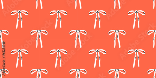 Vector cute seamless pattern with skinny white ribbon bow on trendy coral red background. Playful trendy coquette bow print for fashion fabric, gift wrapping paper, planner stationery, wallpaper.