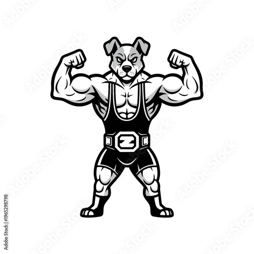 Strong Muscular Dog Wrestler Flexing Biceps.