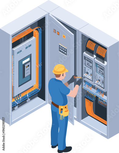 electrician working on electrical control panel, isometric engineer repairing power system wiring, industrial maintenance service, energy distribution equipment illustration