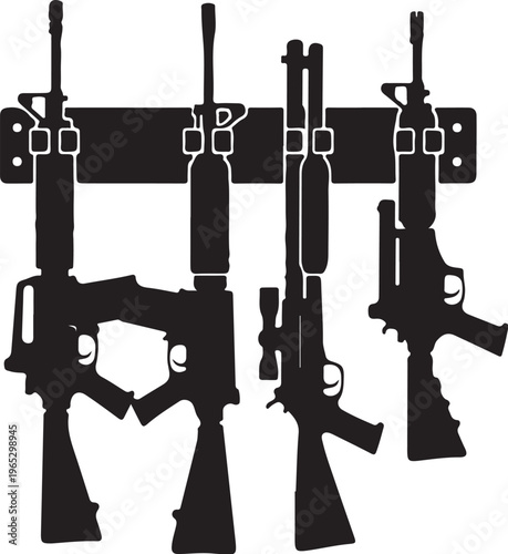 Black rifle silhouettes, gun rack, assault rifle icons, firearms vector set