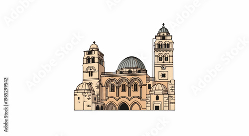 Stylized illustration of a large religious building with domes and towers