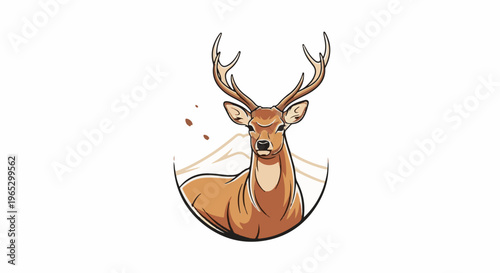 Stylized illustration of a majestic deer with prominent antlers in a mountain landscape
