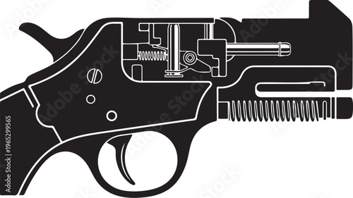 Black handgun, revolver, gun, pistol, vector illustration, side view, cutaway design