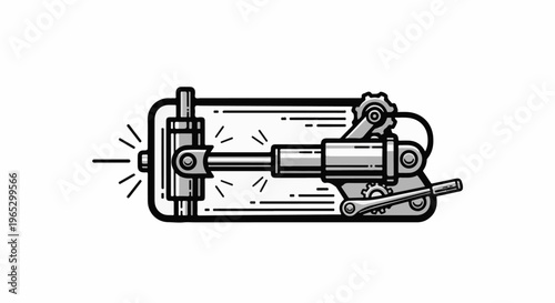 Stylized illustration of a mechanical device with gears and a piston