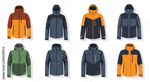 Variety of colorful hooded jackets.