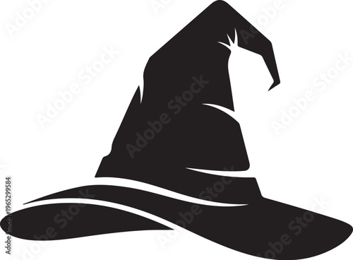 Black witch hat, Halloween costume accessory, vector silhouette, pointed hat icon