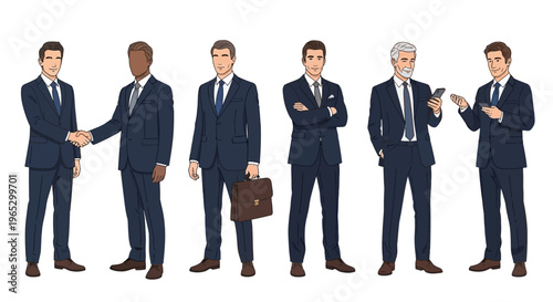 Six businessmen in formal suits standing.