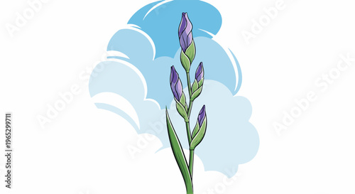 Stylized illustration of a purple iris bud stalk against a sky backdrop