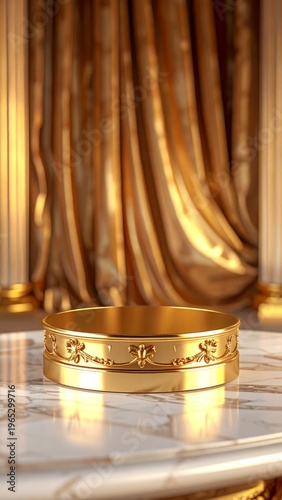 Ornate Golden Display Stand with Marble Surface and Velvet Drapes Background