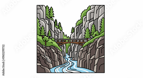 Stylized illustration of a rocky canyon with a bridge over a river