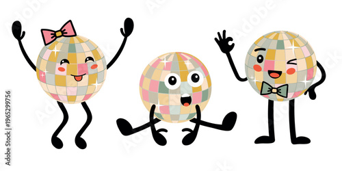 Cute disco ball character set with different emotions and poses. Vector illustration of hand drawn party mascots for club events, music celebration and night life design