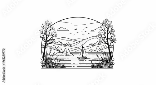 Stylized illustration of a sailboat on a lake with rolling hills and trees