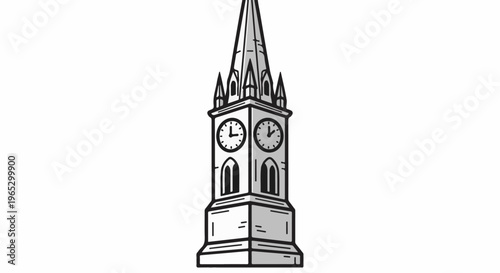 Stylized illustration of a tall clock tower with a pointed spire