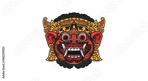 Stylized illustration of a traditional red and gold mask with a fierce expression