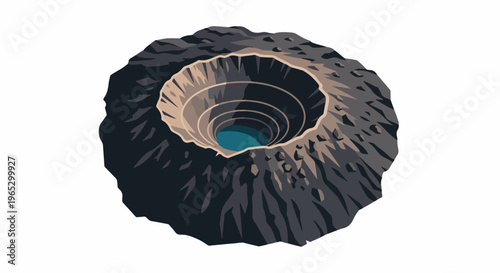 Stylized illustration of a volcanic crater with a blue lake