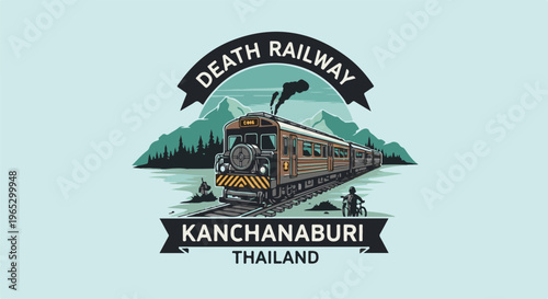 Stylized illustration of a train with smoke, mountains, forest, and a cyclist