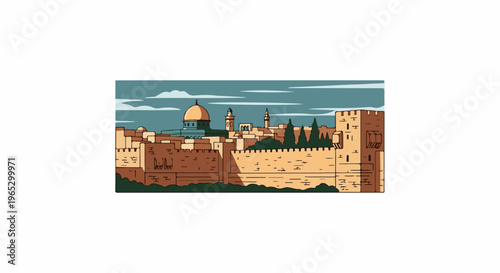 Stylized illustration of a walled ancient city with a golden dome