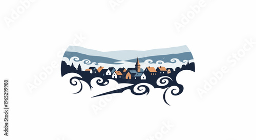 Stylized illustration of a village nestled by a serene, misty body of water