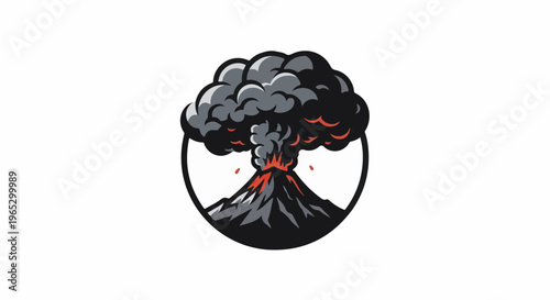 Stylized illustration of a volcanic eruption within a circular frame