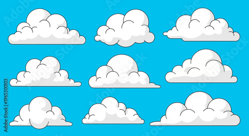 Collection of white fluffy cartoon clouds.