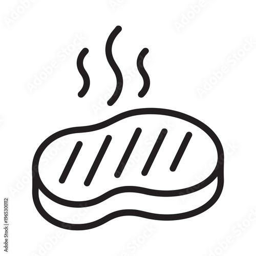 A simple black and white illustration of a sizzling grilled steak with steam