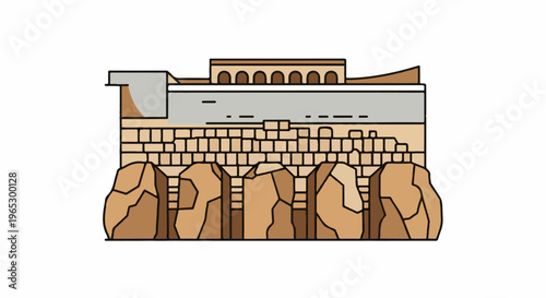 Stylized illustration of an ancient stone aqueduct with arches and rough-hewn rocks