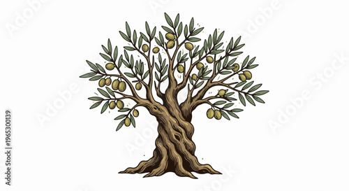 Stylized illustration of an old olive tree with green olives and textured bark