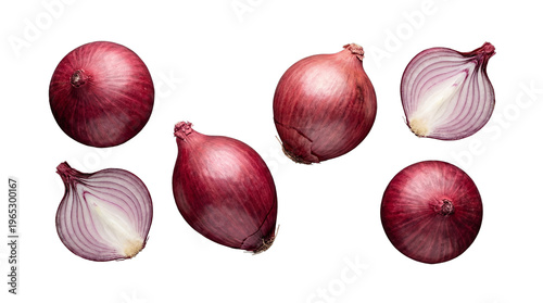 Fotografie Multiple whole and sliced red onions, showcasing their vibrant colors and textures in various orientations