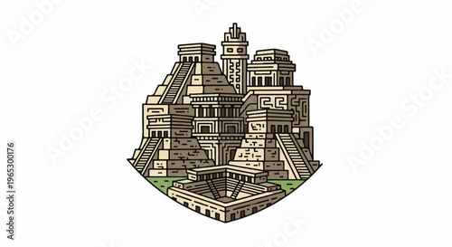 Stylized illustration of ancient stepped pyramids and structures on white