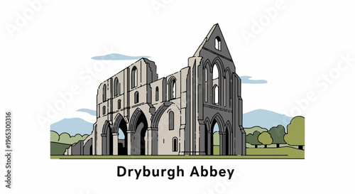 Stylized illustration of ruined abbey structures against a backdrop of hills and sky