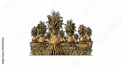 Stylized illustration of a cornfield with shocks of dried maize plants