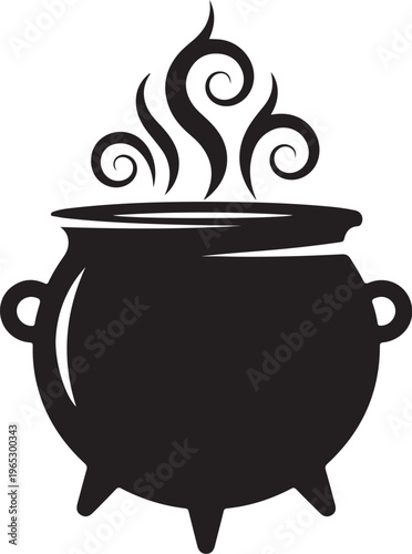 Black cauldron, witchcraft symbol, boiling pot, magic icon