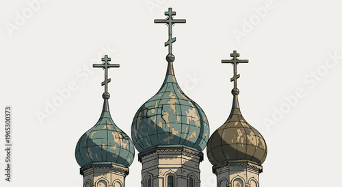 Stylized illustration of three onion domes topped with Orthodox crosses
