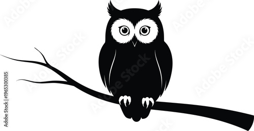 Owl silhouette perched on branch illustration, black and white bird design, minimalist wildlife artwork, nocturnal animal icon, decorative vector graphicOwl silhouette perched on branch illustratio