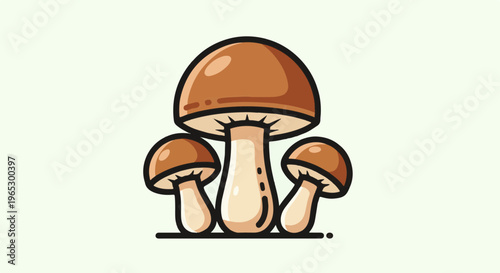 Stylized illustration of three brown and white mushrooms against a pale green background