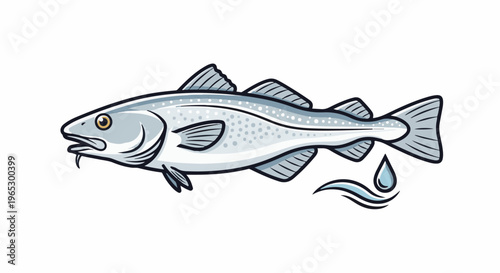 Stylized illustration of a grey fish with spots swimming near water droplets