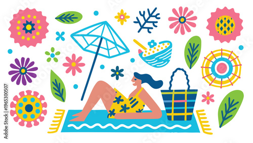 Summer vacation, beach relaxation, colorful illustration, vector graphics