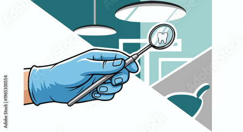 Stylized illustration of a gloved hand holding a dental mirror reflecting a tooth
