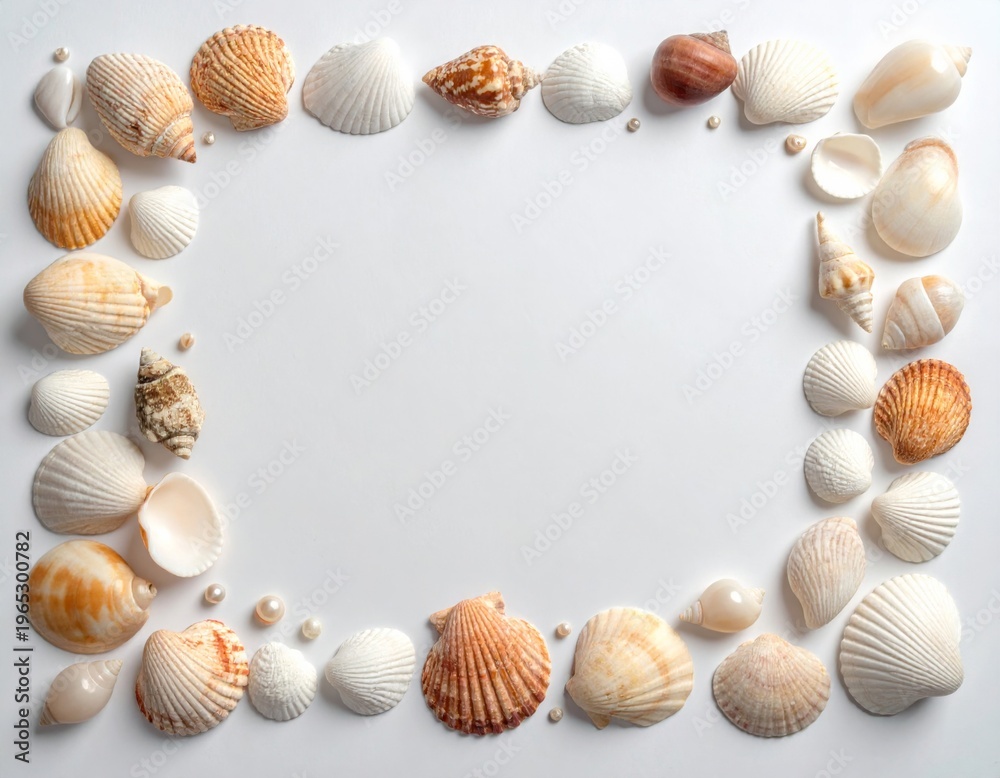 Obraz premium Assorted Seashells Arranged in Rectangular Frame on White Background Natural Variety